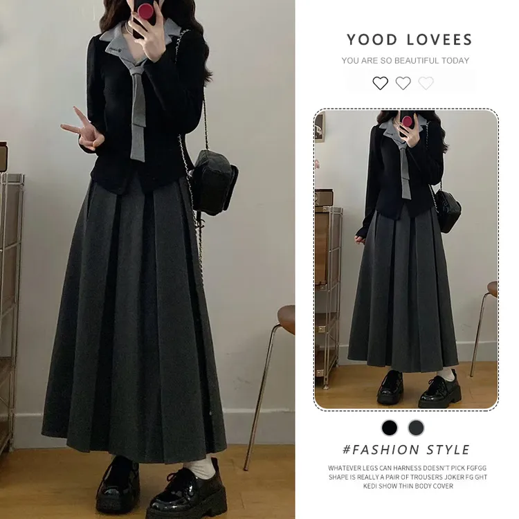 韩系穿搭一整套女2026春秋新款假两件翻领别致上衣百褶长裙两件套