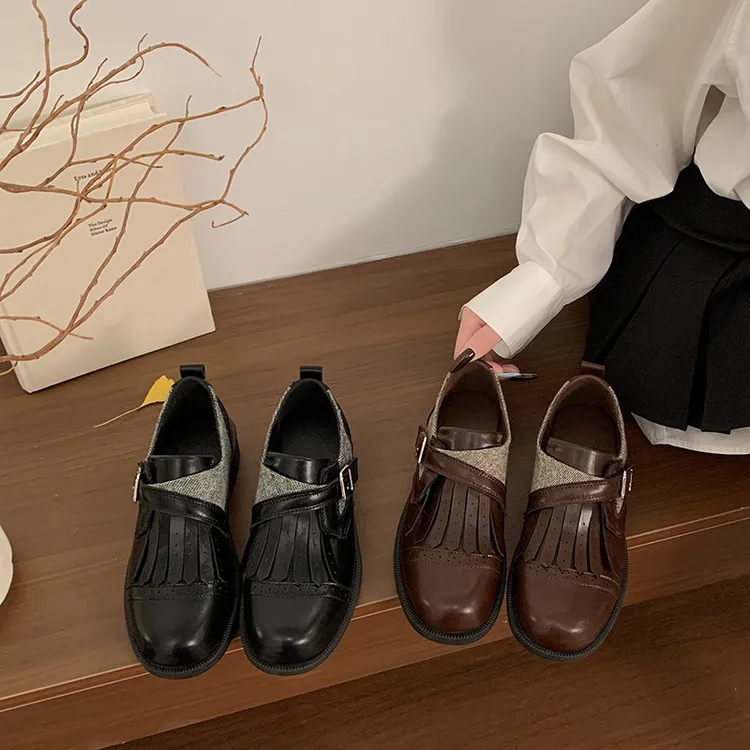 麂皮乐福鞋拼接流苏小众一脚蹬懒人鞋2026春秋季单鞋平底皮鞋女鞋