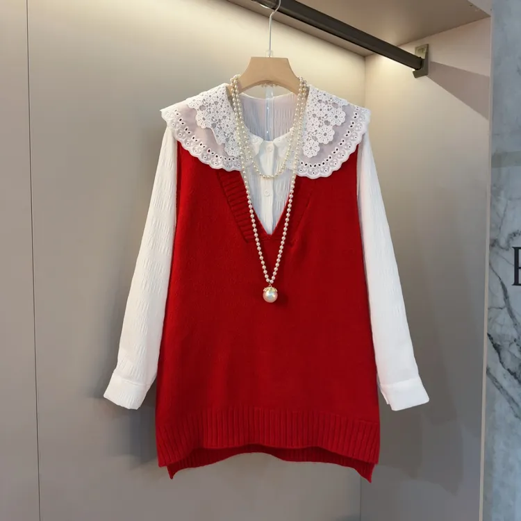 2025胖mm大码女装简约时尚大气显瘦气质毛衣马甲+内搭套装7075