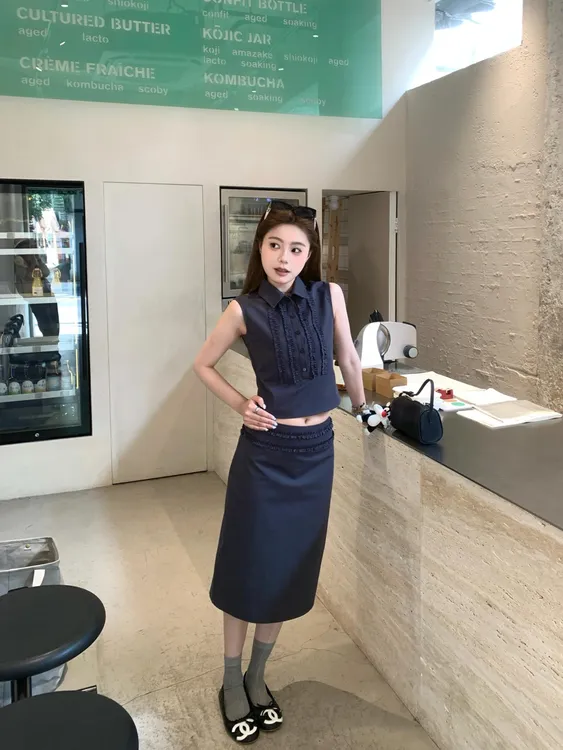 财阀千金女装花边压褶无袖衬衫背心高腰纯欲风包臀裙半身裙套装