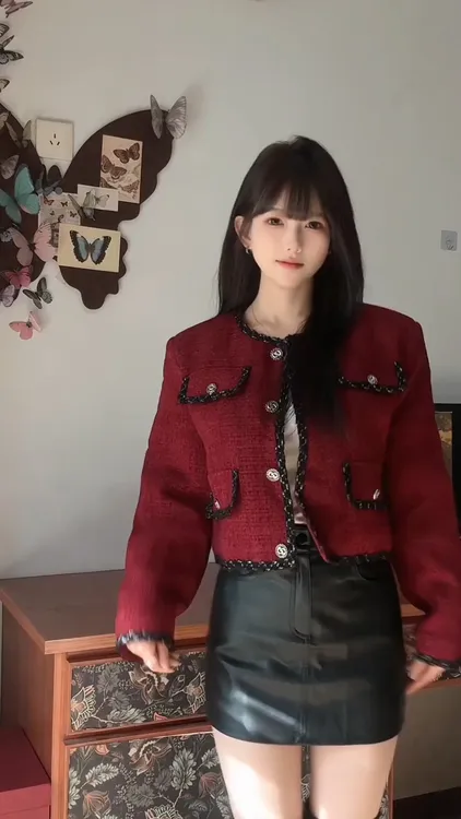 法式红色小香风高级感气质名媛外套2025新款高腰半身裙两件套装女