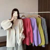 落肩灯笼袖长袖毛针织开衫毛衣大码胖MM秋季新款V领慵懒风女装潮