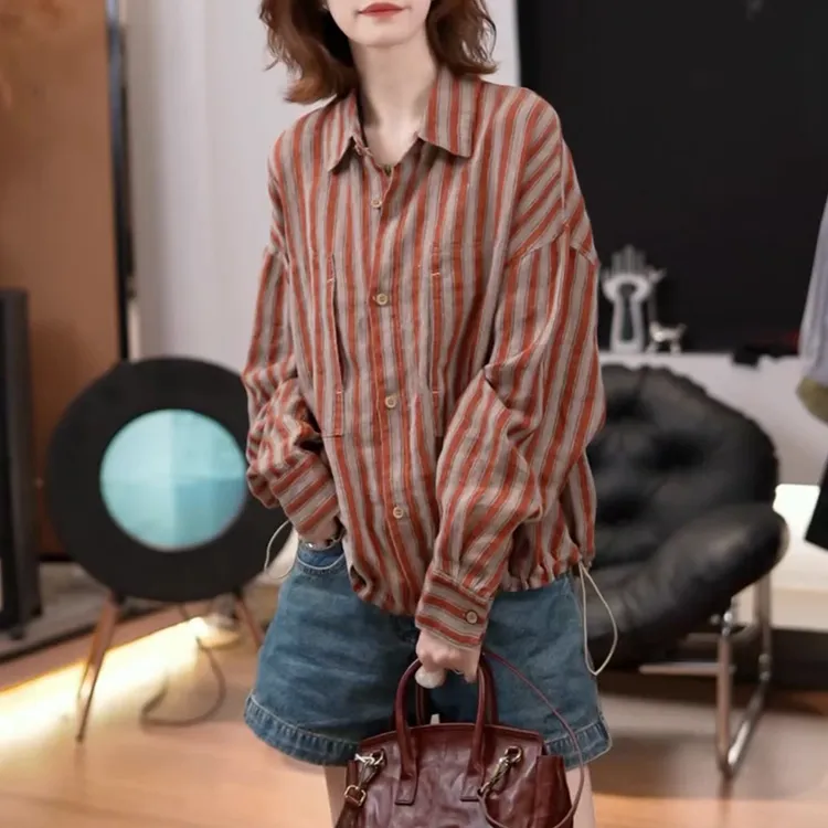 文艺慵懒风长袖衬衫女2025早秋新款流行时尚休闲百搭洋气条纹上衣