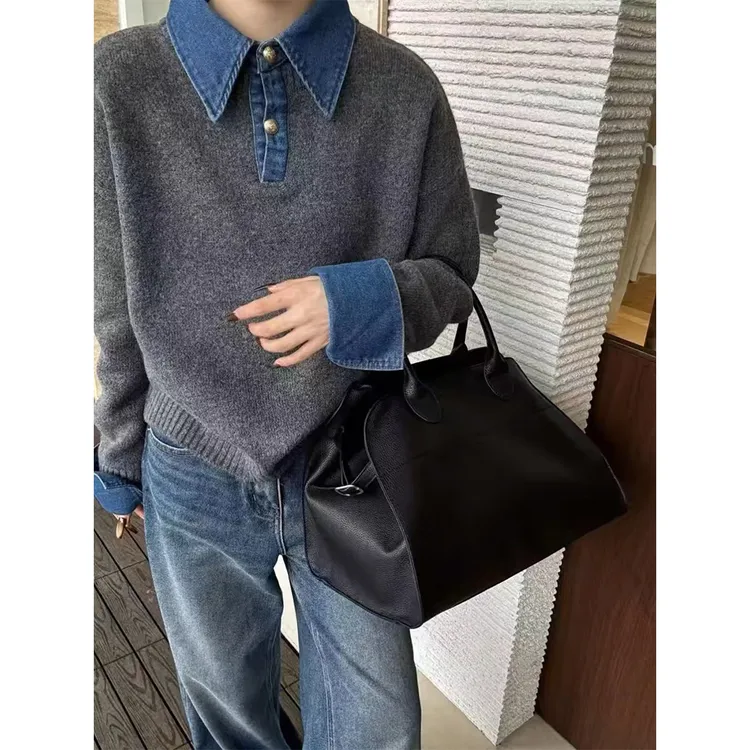 潮流休闲牛仔拼接纯羊毛针织衫女装冬季撞色衬衣领宽松假两件毛衣