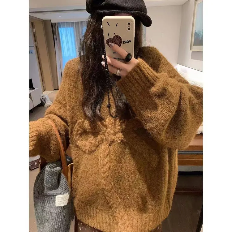 秋冬季中长款慵懒风蝴蝶结加厚毛衣女针织衫宽松圆领套头保暖上衣