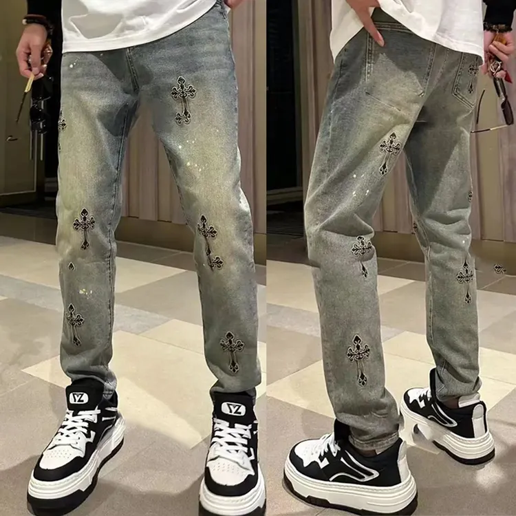 斯里卡琪夏季新款宽松直筒牛仔裤男士时尚复古刺绣潮流裤百搭长裤