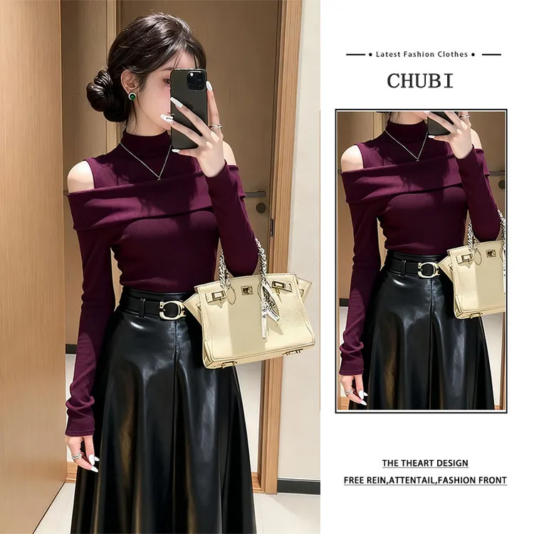 法式轻熟风穿搭一整套女2025秋冬新款暗紫色针织衫设计感皮裙套装