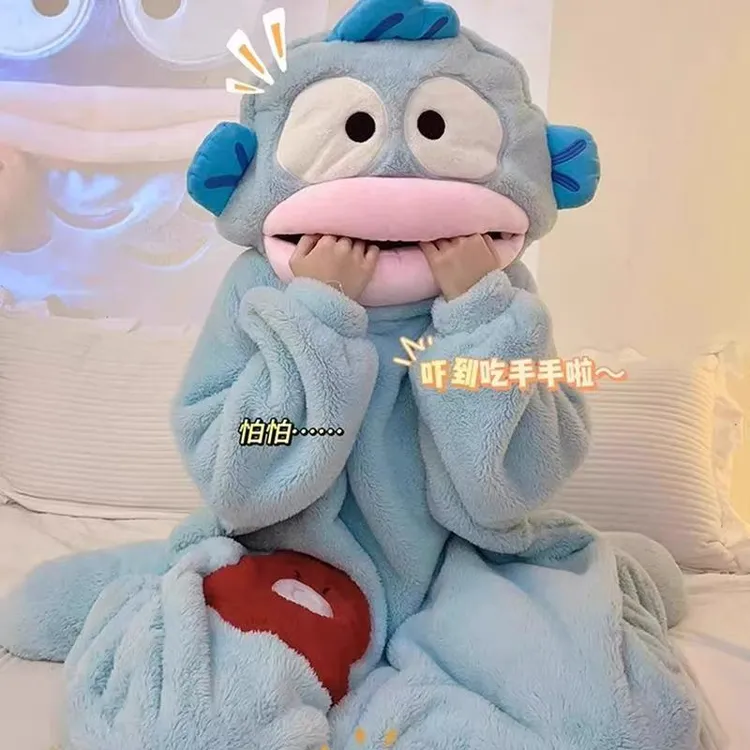 卡通搞怪大嘴鱼汉顿丑鱼连体情侣睡衣男女冬季沙雕珊瑚绒家居服 