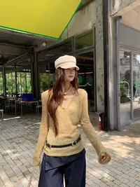 MAR 秋季新款通勤百搭羊毛混纺V领珠片设计针织打底衫女606238