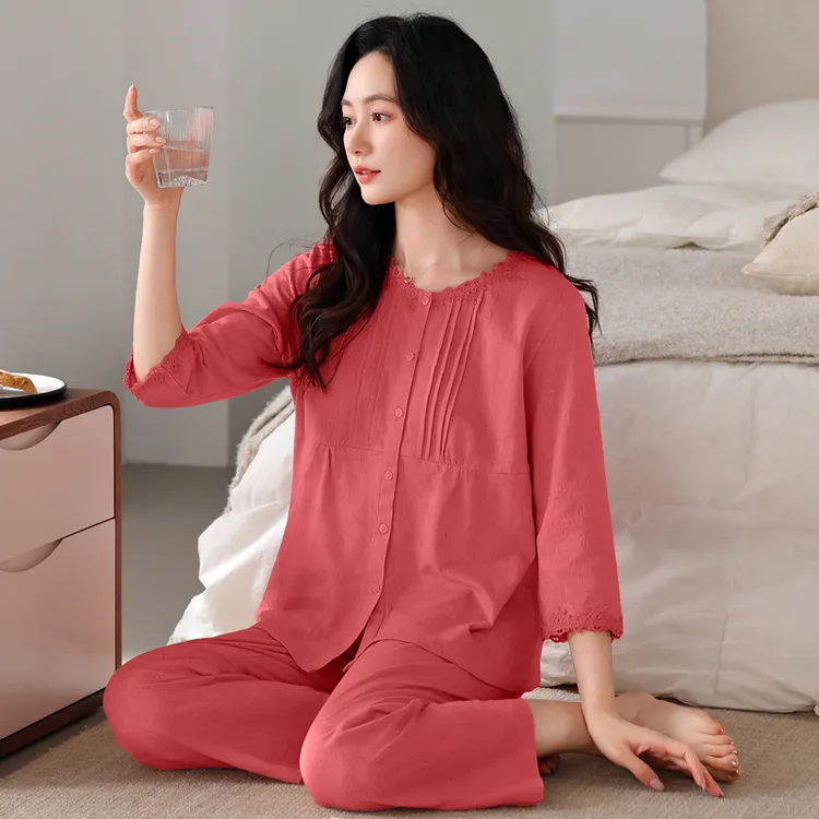 睡衣女夏季七分袖长裤纯棉新款女士宽松大码春秋季夏天薄款家居服