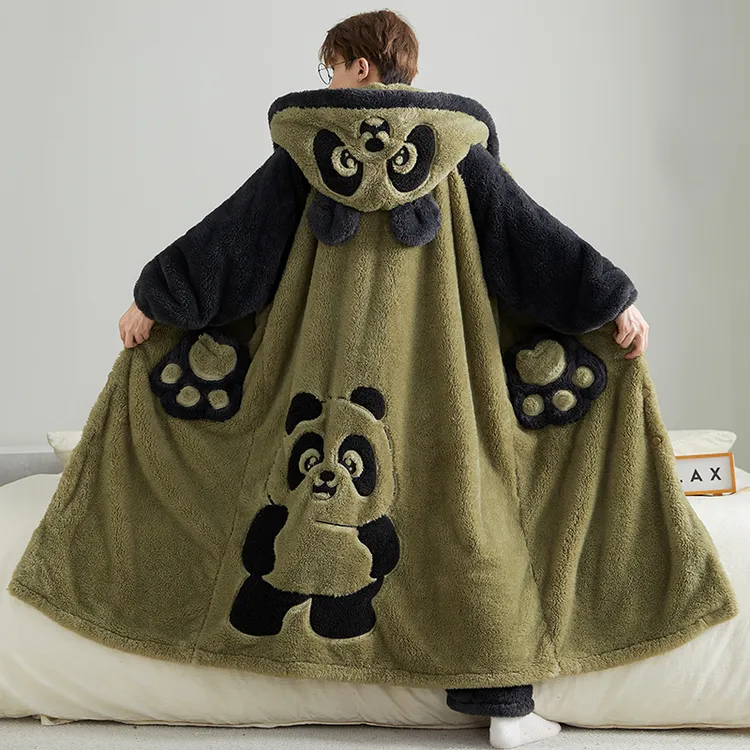 （熊猫）睡袍男长款加厚法兰绒保暖秋冬季长袖宽松珊瑚绒家居服套装