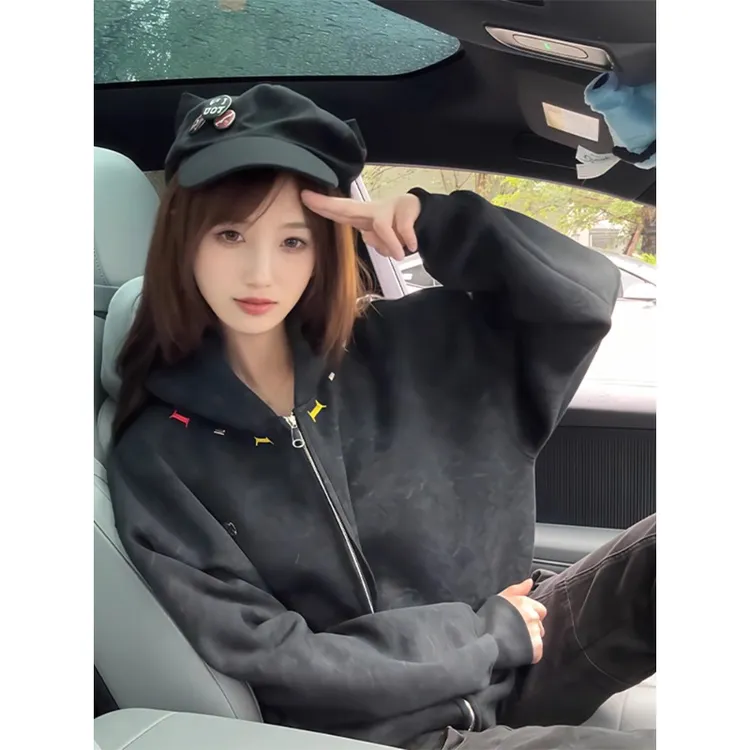 美式彩虹刺绣开衫卫衣男款秋季松弛慵懒感外套潮牌重磅硬挺连帽衫