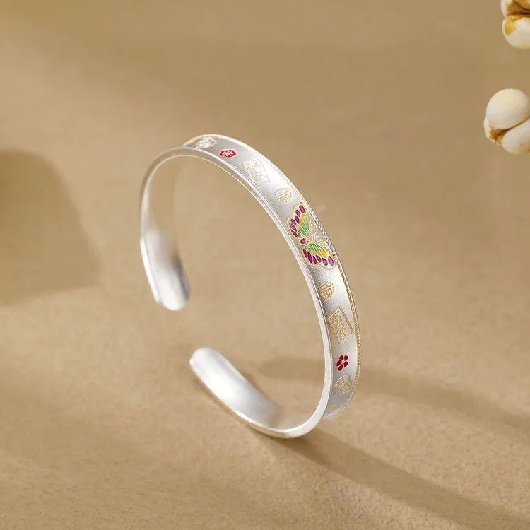足银手镯 A61足银9999新中式描金凹面珐琅彩蝴蝶银手镯开口国风款