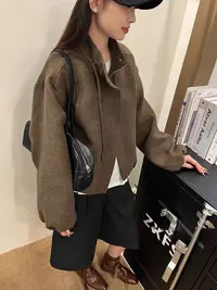 110区8512咖色春秋落肩女休闲立领外套