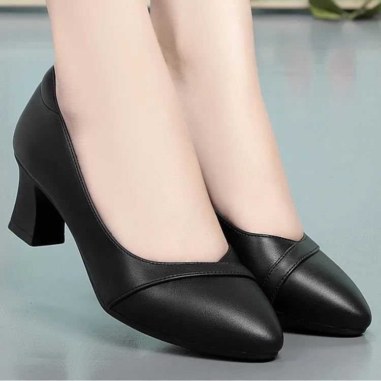 黑色正装女士鞋春秋软底工装鞋女高跟鞋单鞋休闲时尚瓢鞋