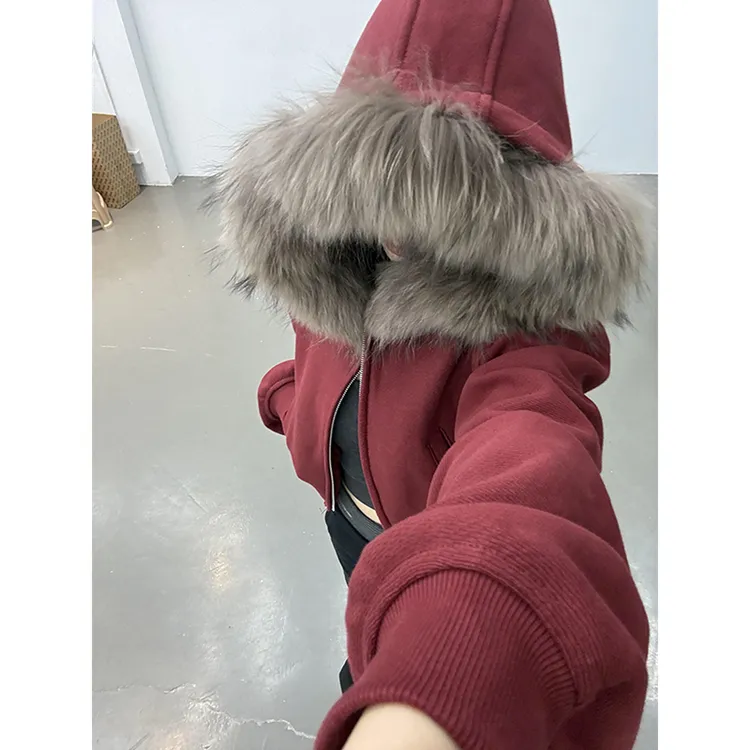 【珂塔芙】红色毛领连帽卫衣女秋冬2025宽松小个子加绒加厚开衫外套