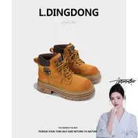 【刘叮咚女鞋】复古百搭棕黄色靴子圆头女系带ins马丁靴秋季胶粘