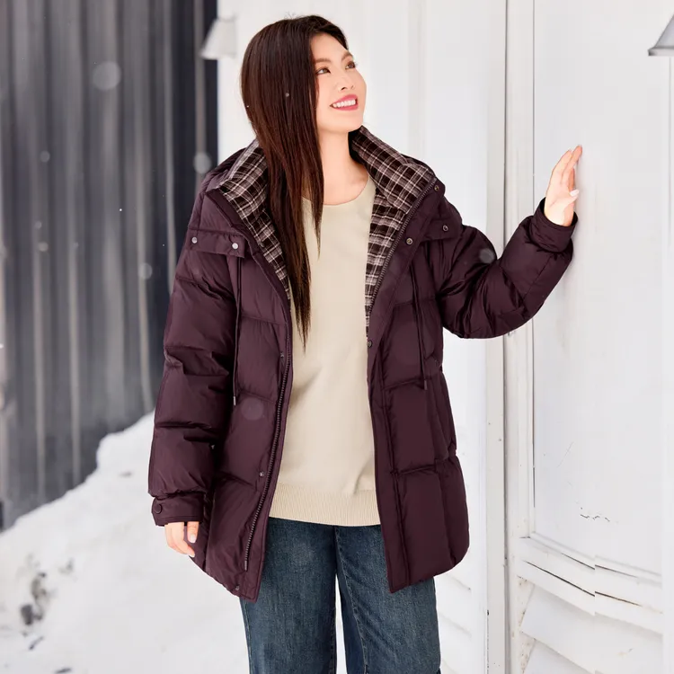 【现货90白鸭绒】MsShe大码女装磨毛格子连帽羽绒服外套S~M2511032