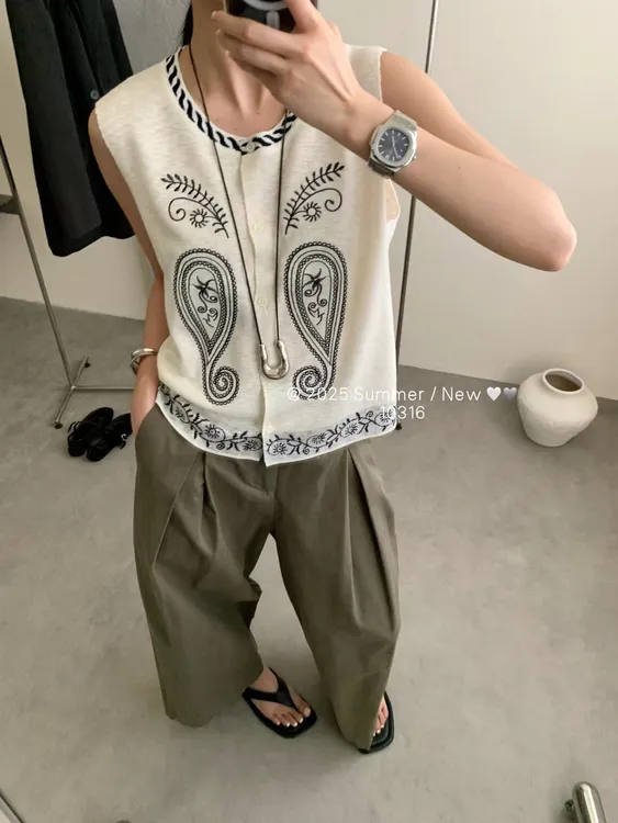 2025新款圆领开衫夏季薄款休闲复古宽松无袖针织上衣女