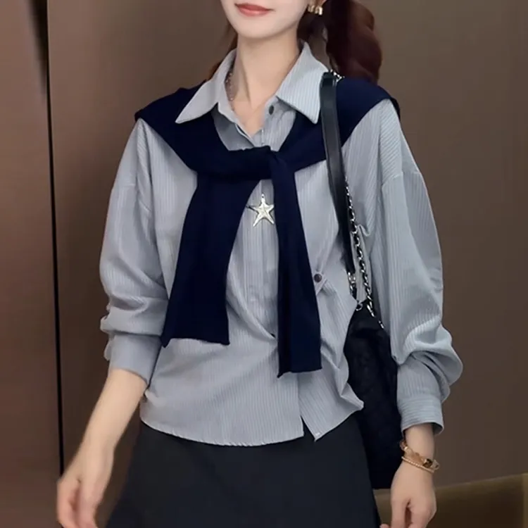法式假两件披肩系带长袖衬衫女2025春秋新款衬衣时尚百搭减龄上衣