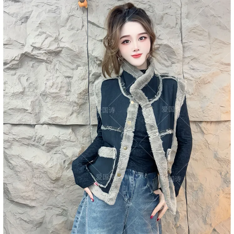 仿水貂毛牛仔马甲外套女2025秋冬新款加绒加厚马夹736#