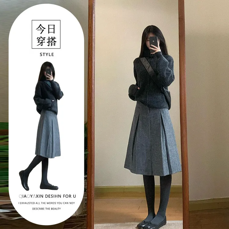 韩系高级感穿搭套装秋冬季新款立领针织毛衣高腰a字百褶裙两件套