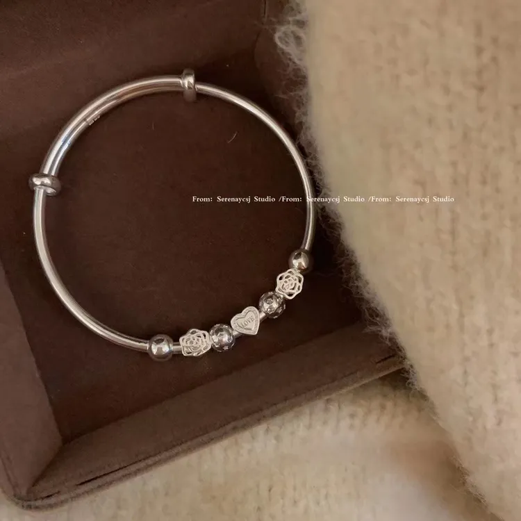 足银手镯 Love玫瑰花爱心足银9999纯银手镯实心可调节推拉简约