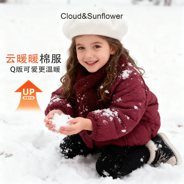 【云朵小葵】女童冬季新款纯色围脖五粒扣加厚棉服外套555418