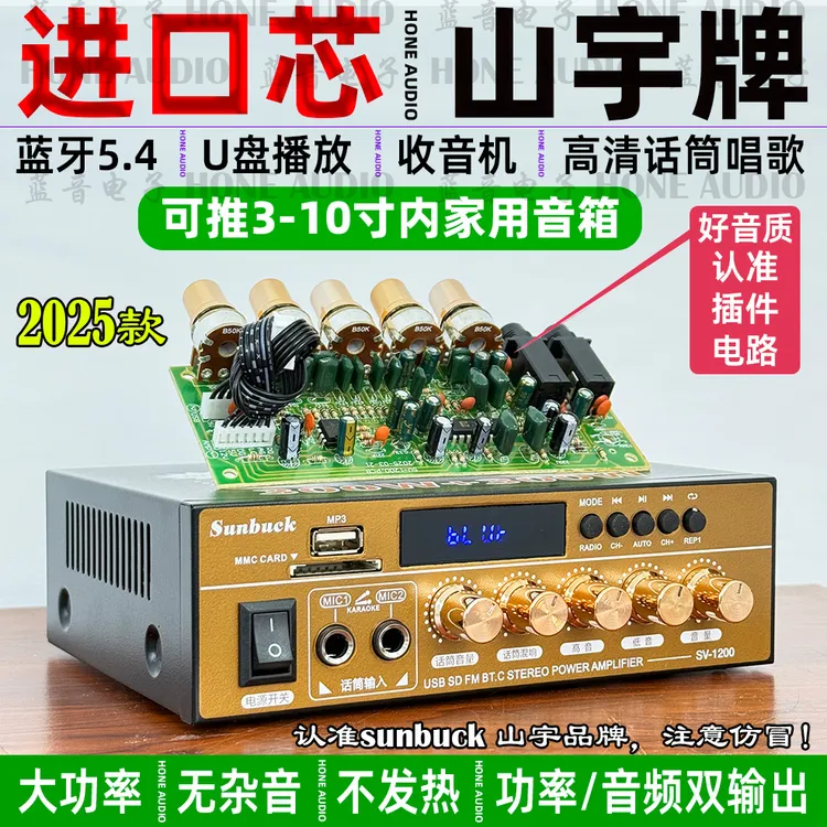 全新220V大功率功放机蓝牙5.4家用HIFI无损12V插卡U盘收音小功放