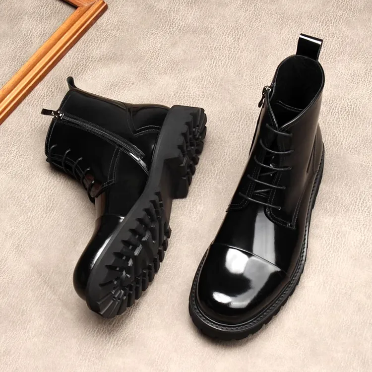 冬季新款厚底高帮男士机车靴子黑色增高亮面百搭加绒保暖马丁靴潮