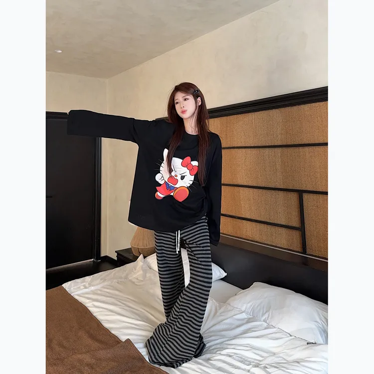 WRXS  设计感卡通印花黑色纯棉长袖T恤女早秋慵懒松弛感宽松上衣
