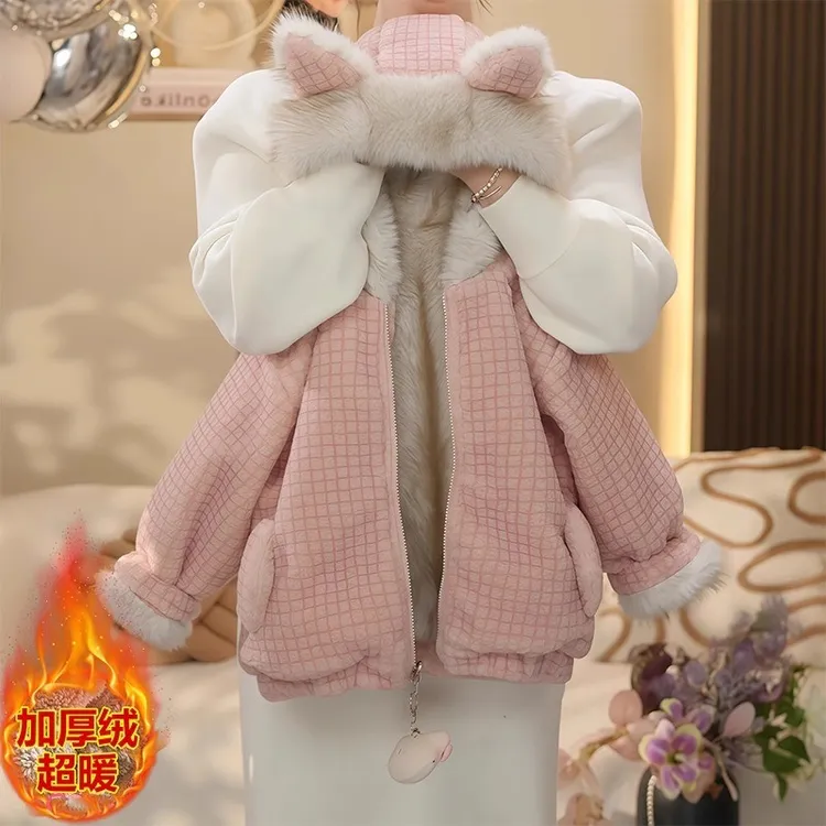 女童卡通双面穿加绒派克服2025新款秋冬民族风仿真毛羊羔绒毛毛衣