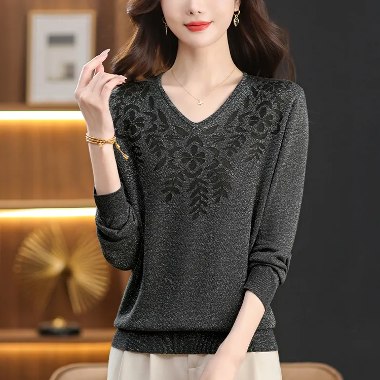 大码女装春秋2025新款V领上衣宽松遮肚子显瘦薄款洋气针织打底衫