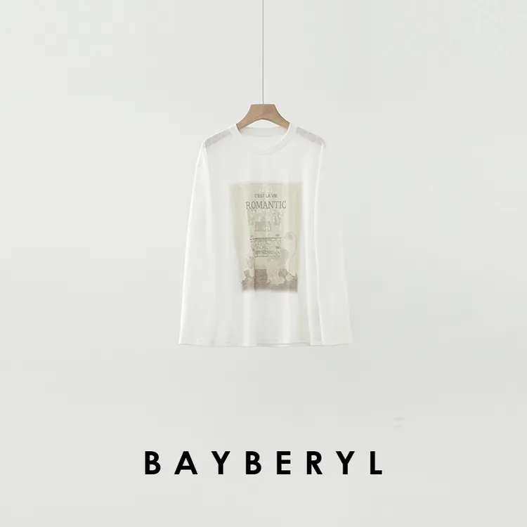 BAYBERYL老贝插画T*复古艺术丝棉圆领秋休闲长袖T恤NT5G2908-8/31