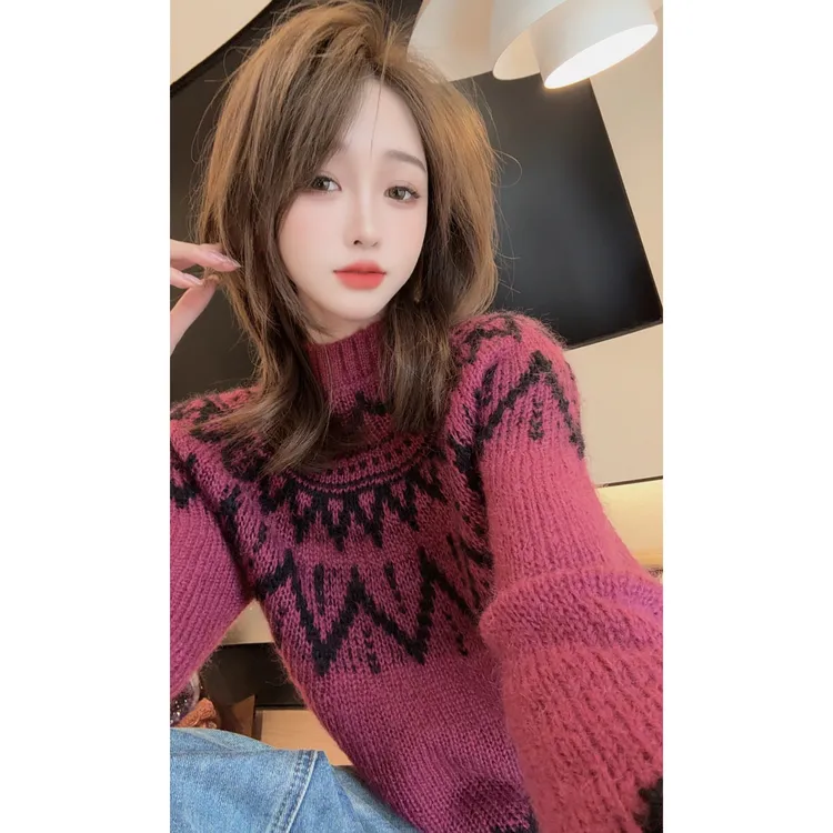 【陈陈私服】时尚设计感提花长袖针织衫洋气慵懒套头毛衣25121902