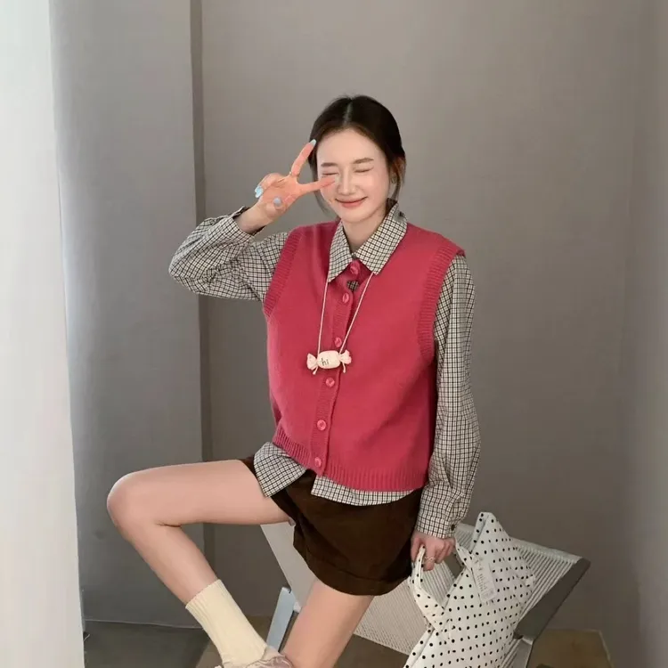 套装纽扣马夹圆领女假两件纯色百搭复古韩版减龄春季