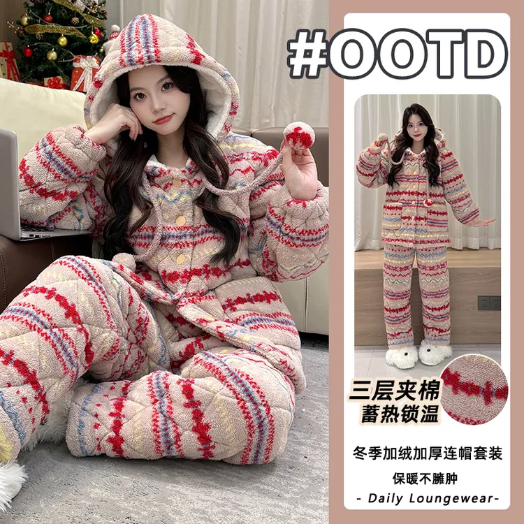冬季新款三层夹棉加绒加厚长毛绒睡衣女套装保暖套装可外穿家居服