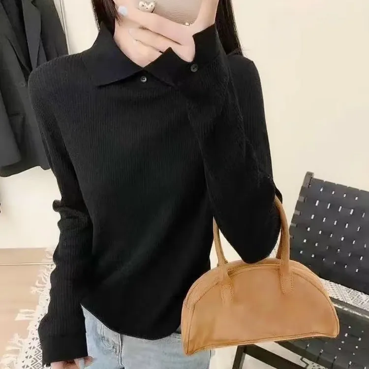 【80-180斤】Polo领双纽扣设计感针织衫上衣女秋冬高品质百搭打底衫