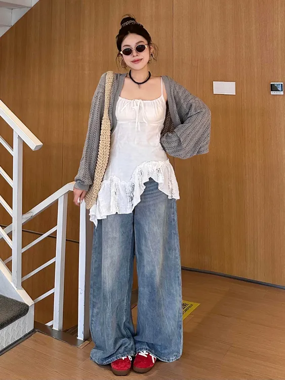 特大码女装美式复古阔腿牛仔裤新款胖mm高腰宽松显瘦垂感拖地裤子