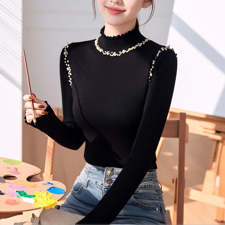 重工钉珠半高领针织衫女2025新款木耳边打底衫女长袖内搭立领上衣