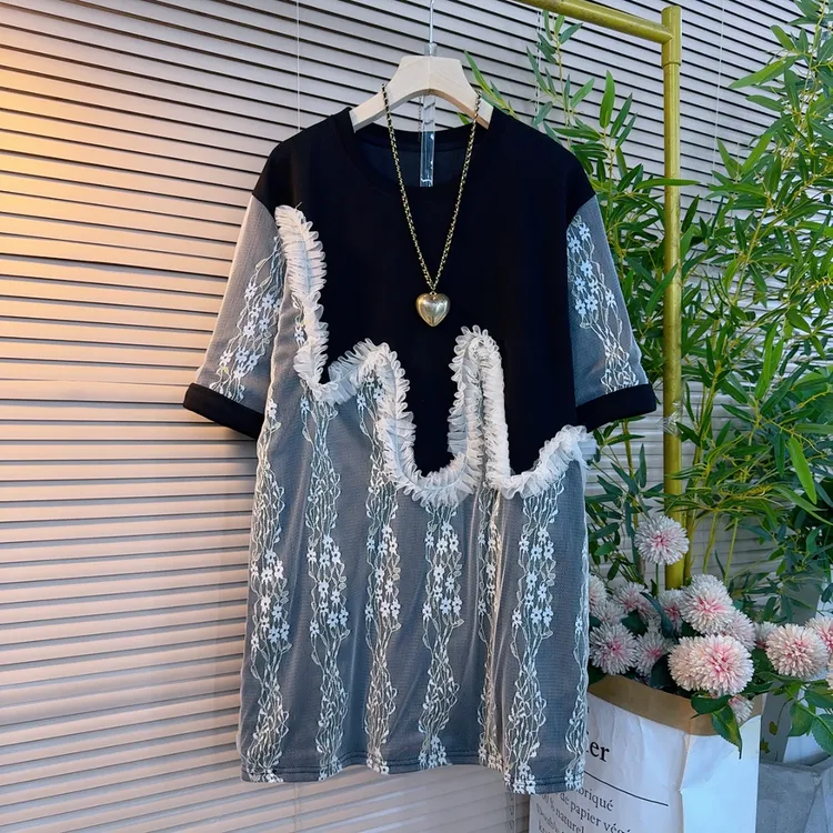 2839春季新款胖妹妹时尚潮流设计感中长款拼姐蕾丝木耳花边遮肉肉