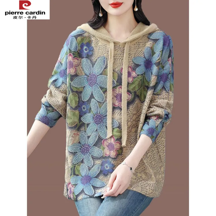 皮尔卡丹今年流行的彷水貂绒连帽针织衫卫衣女洋气大码印花毛衣羊