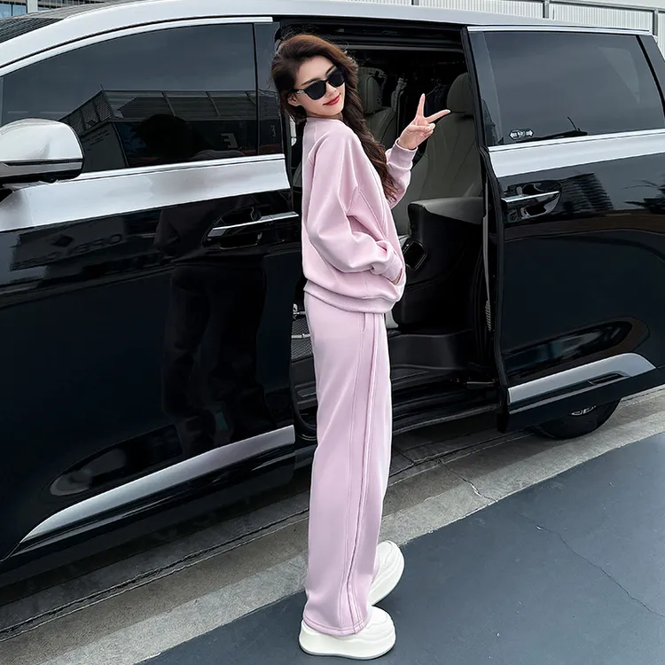 韩系穿搭一整套时尚休闲套装女2025秋冬加绒圆领卫衣阔腿裤两件套