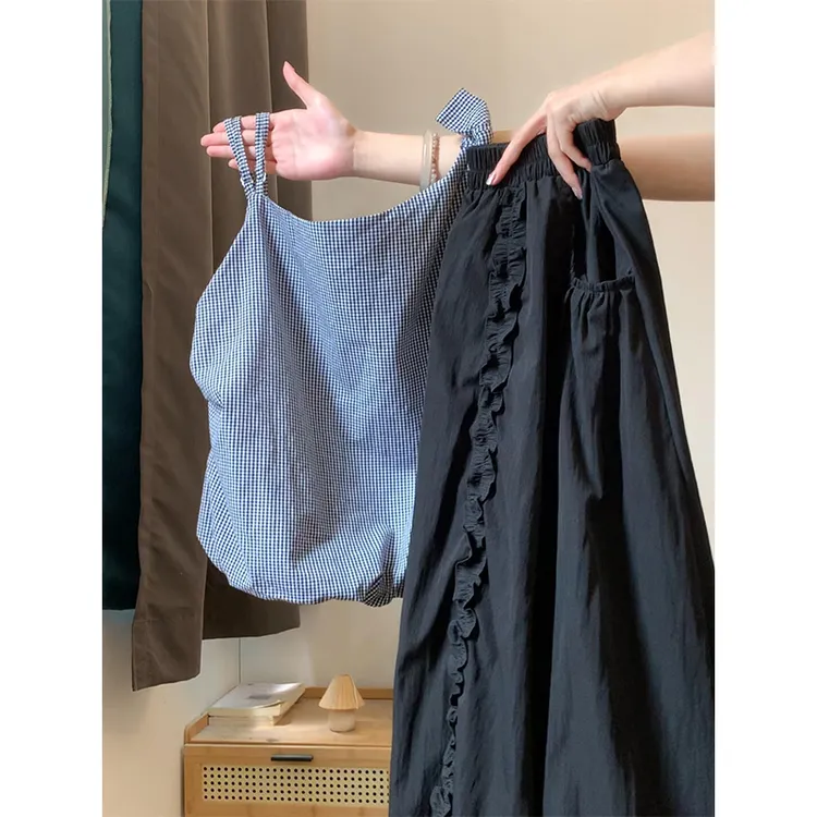夏日ootd时尚穿搭复古辣妹格纹吊带女新款甜酷少女风半身裙两件套