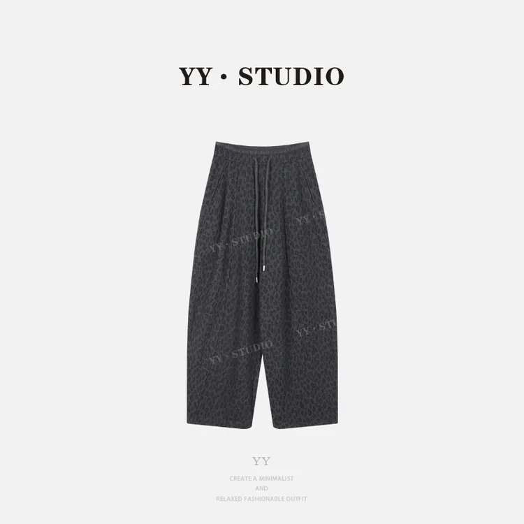 【YANYAN】豹纹加厚磨毛抽绳休闲裤女秋季新款高腰直筒裤长裤5487