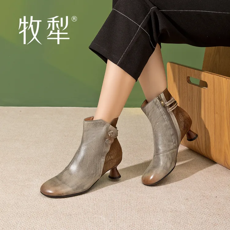 牧犁秋季新款复古民族风头层牛皮中式美学文艺气质香云纱简约女靴