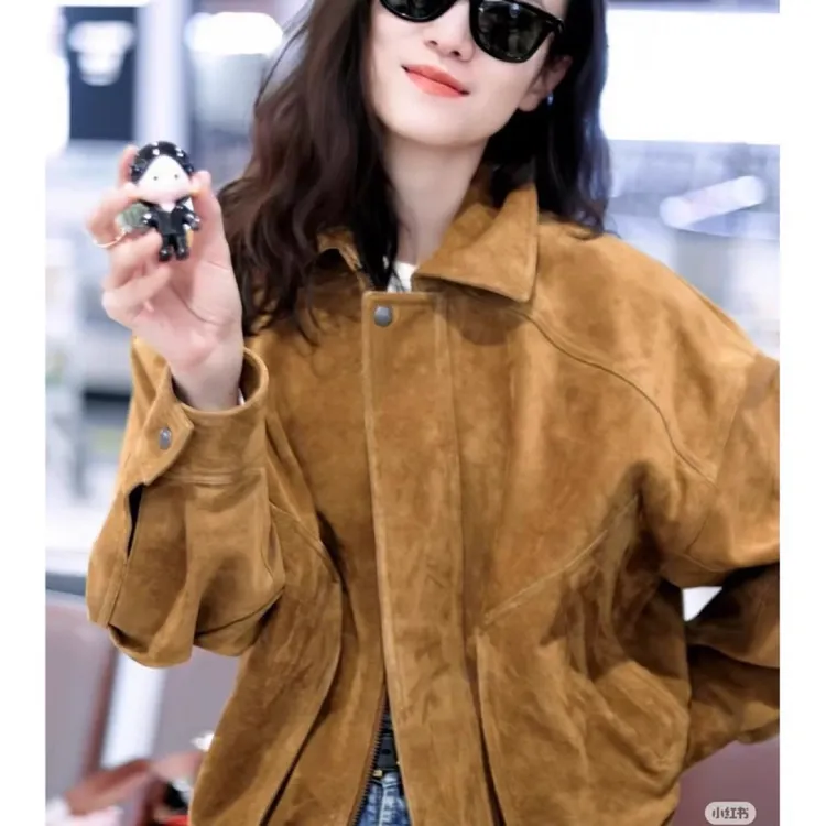 真皮山羊皮皮衣复古工装松紧夹克时酷飒外套女