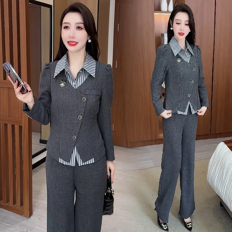 时尚套装女2025秋季新款洋气显瘦假两件上衣阔腿裤气质减龄两件套