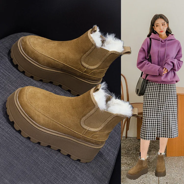 雪地靴女2025冬季新款小个子厚底内增高短靴防寒加毛休闲保暖女靴