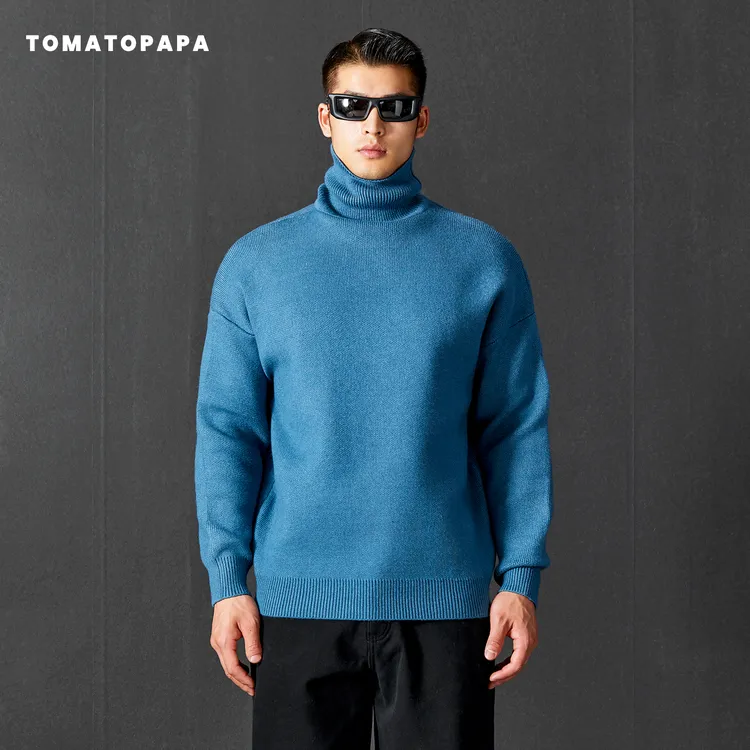 TOMATOPAPA休闲风高领针织衫男士宽松纯色保暖毛衣极简风套头衫